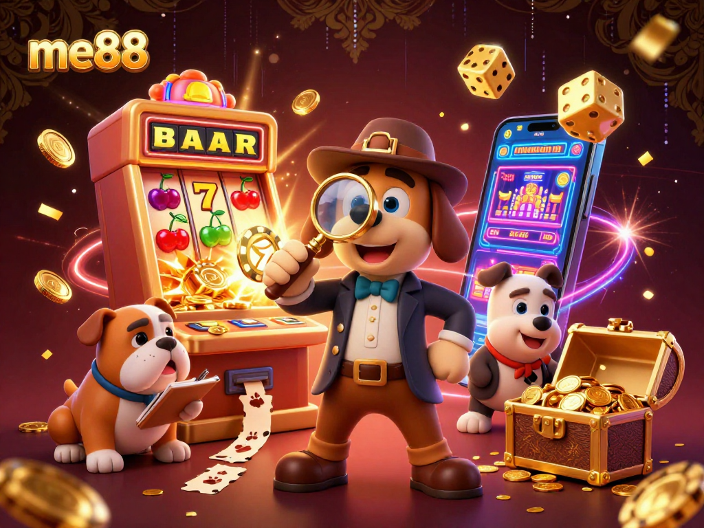 Experience thrilling gaming action at me88 with cartoon detective characters, dynamic slot elements, and exciting visuals.